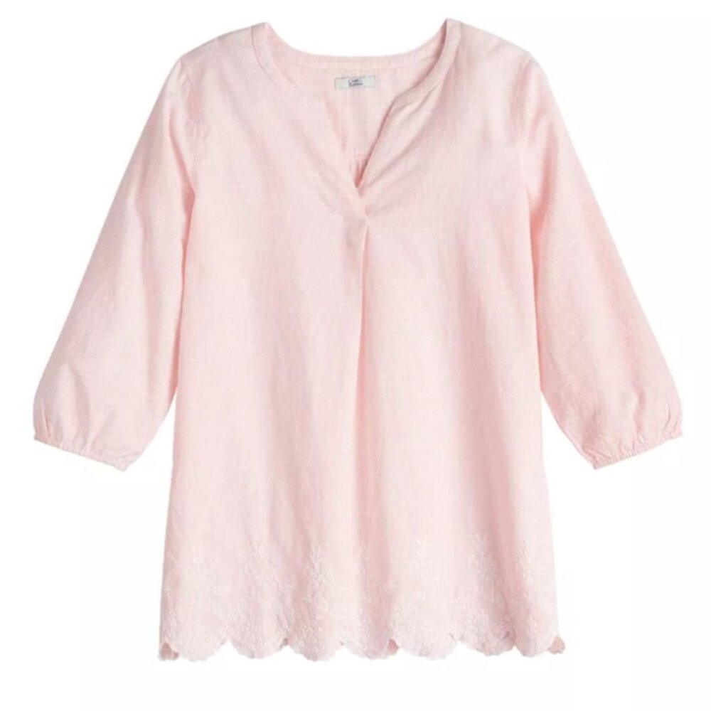 Cottagecore Boho Pink Strip Shirt Size PS Scallop-Hem Embroidered Blouse